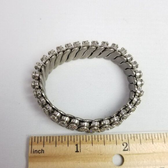 Vintage Three Row Rhinestone Expansion Stretch Bangle Bracelet British Hong Kong - Picture 6 of 8